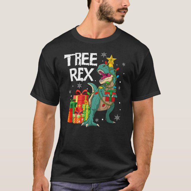 Camiseta Dinosaur T Rex Christmas Tree Lights Pajamas Men B (Frente)