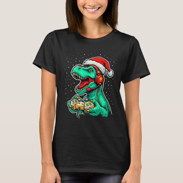 Camiseta Dinosaur T Rex Playing Video Game Santa Hat Christ (Frente)