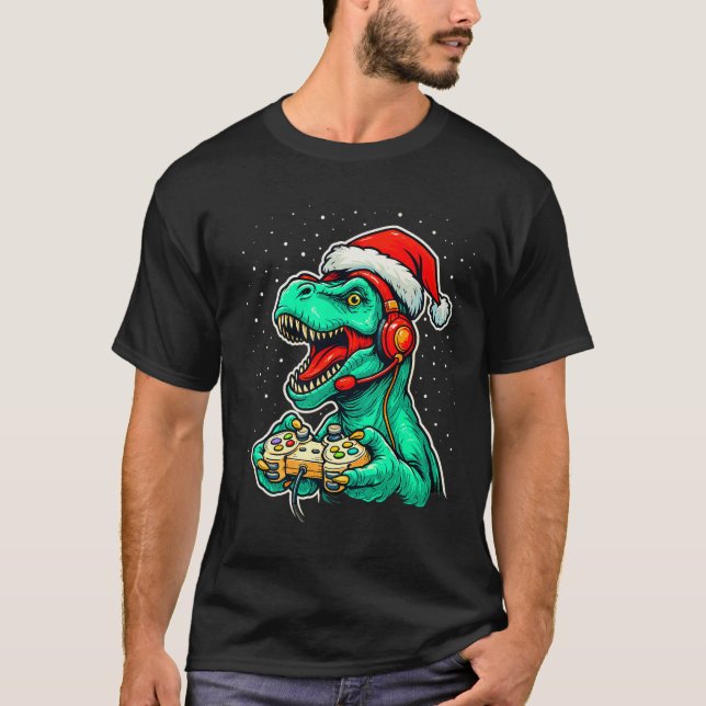 Camiseta Dinosaur T Rex Playing Video Game Santa Hat Christ (Frente)