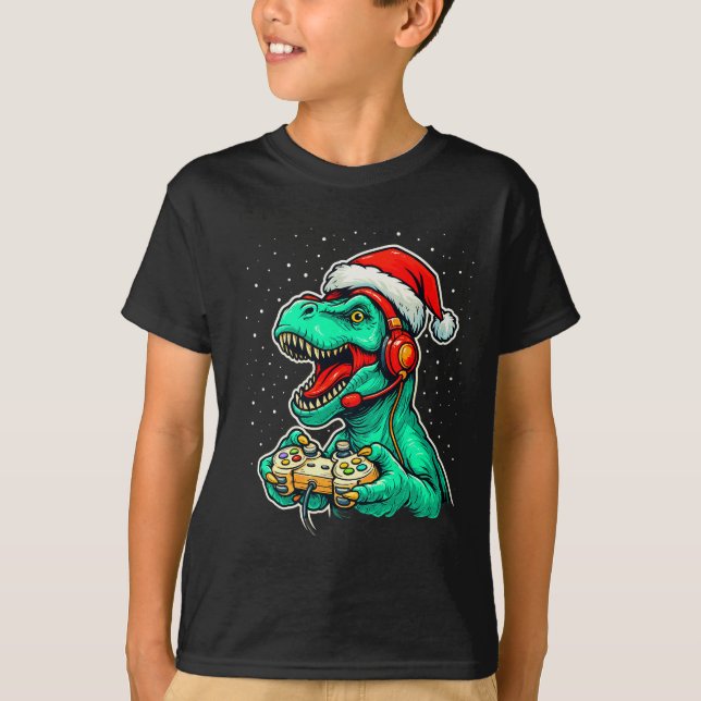 Camiseta Dinosaur T Rex Playing Video Game Santa Hat Christ (Frente)