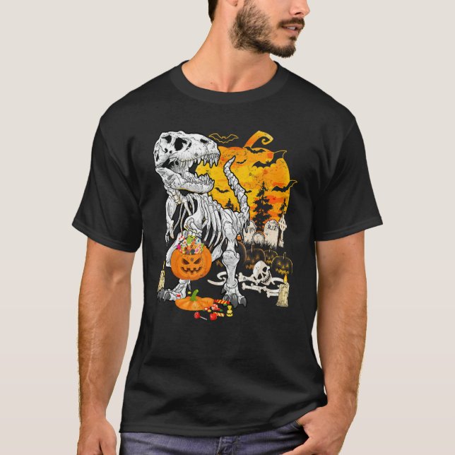 Camiseta Dinosaur T Rex Skeleton Pumpkin Funny Halloween Co (Frente)