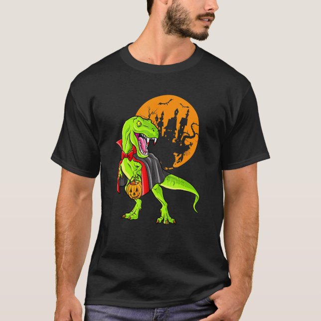 Camiseta Dinosaur T Rex Vampire Halloween Candy Pumpkin (Frente)