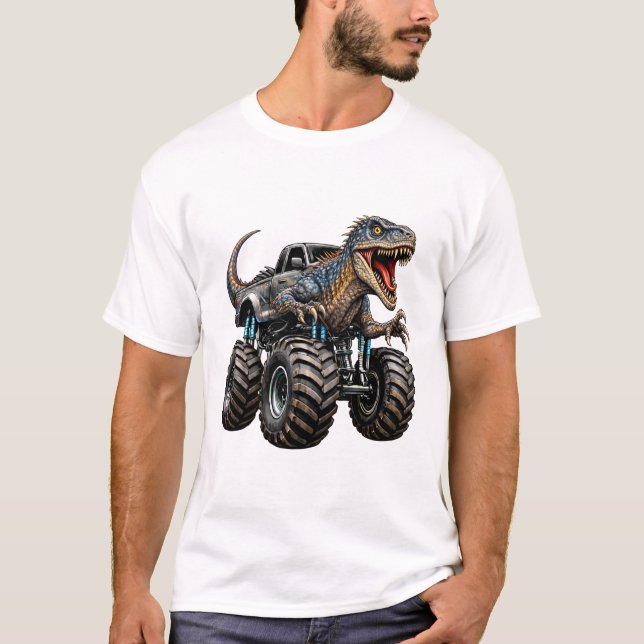 Camiseta Dinosaur Velociraptor Monster Truck (Frente)