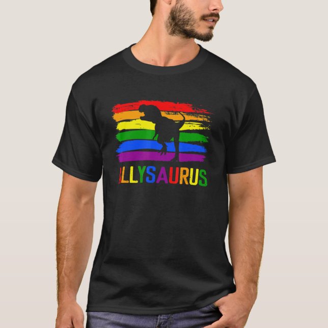 Camiseta Dinossaur Lgbt Orgulho gay Flag Allysaurus Ally Re (Frente)