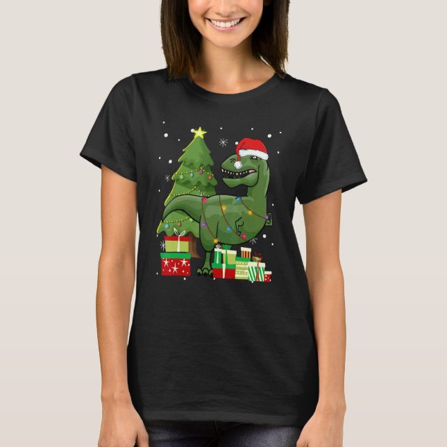 Camiseta Dinossaur Lights Tree Santa Hat Natal Para Meninos (Frente)