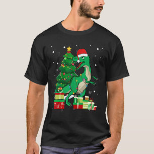 Camiseta Dinossaur Lights Tree Santa Hat Natal Para Meninos