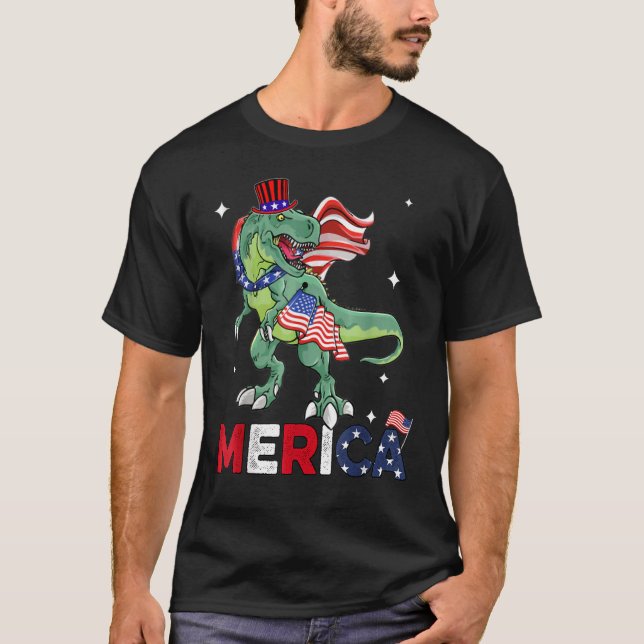 Camiseta Dinossaur Merica Men Boys American Flag Rex 4th Of (Frente)