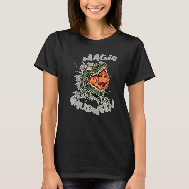 Camiseta Dinossaur Rex Pumpkin Magic Halloween (Frente)