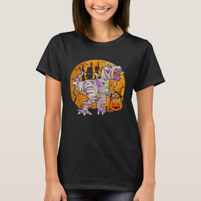 Camiseta Dinossaur Rex Skeleton Pumpkin Com Lua Halloween (Frente)