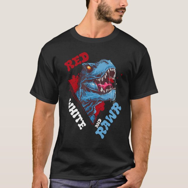 Camiseta Dinossaur Skeleton Red White Rawr US Flag 4th Ju (Frente)