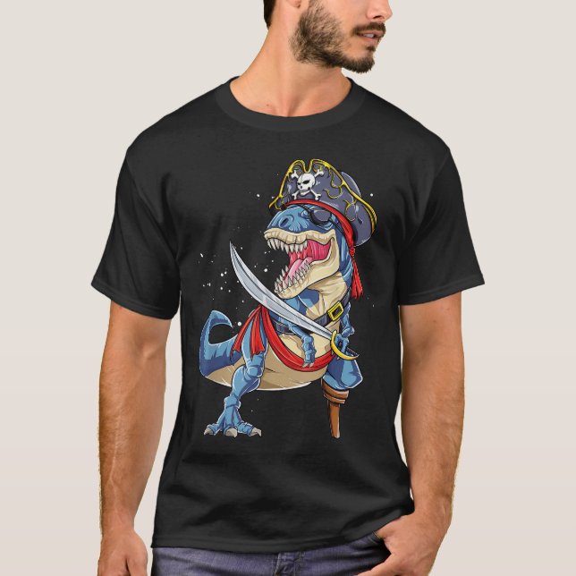 Camiseta Dinossaur T Rex Pirate Jolly Roger Halloween (Frente)