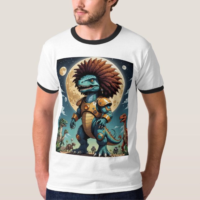 Camiseta Dinossauro Afro no Espaço Armor Engraçado T-Shirt (Frente)