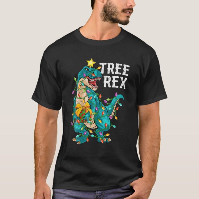 Camiseta Dinossauro Árvore Rex Xmas Luzes Engraçadas Trex D (Frente)