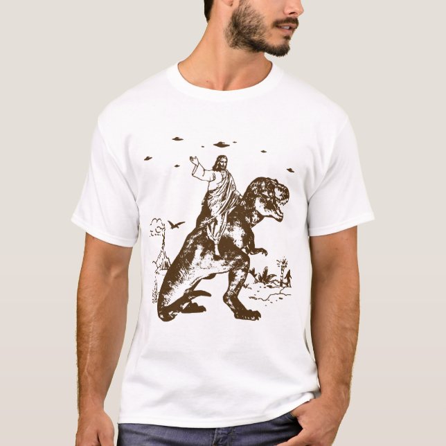 Camiseta Dinossauro ateu Charles Darwin de Jesus T Rex (Frente)