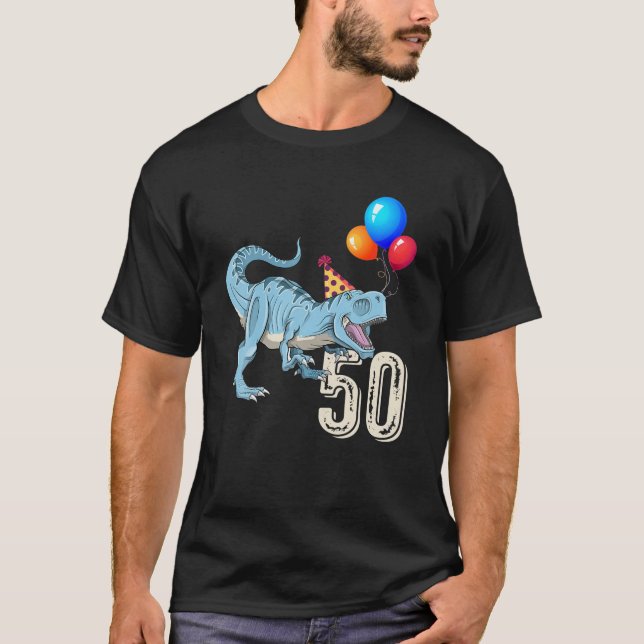 Camiseta Dinossauro Balão T Rex 50A Garota De Aniversário (Frente)