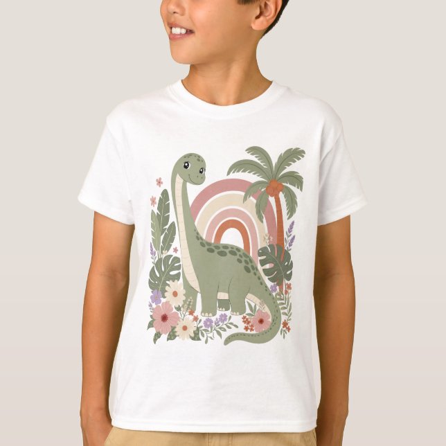 Camiseta Dinossauro Boho Fofo | Dino Arco-Íris Pastel | Flo (Frente)