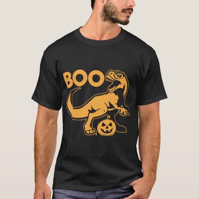 Camiseta Dinossauro Boo T Rex E Abóbora Em Laranja (Frente)