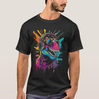 Camiseta dinossauro colorido DJ com Fones de ouvido e óculo