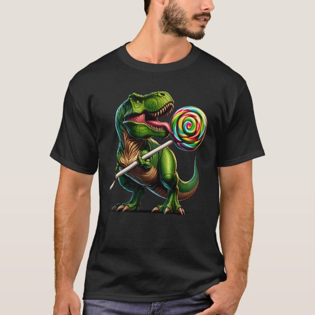 Camiseta Dinossauro Comendo Lollipop Candy Para Crianças (Frente)