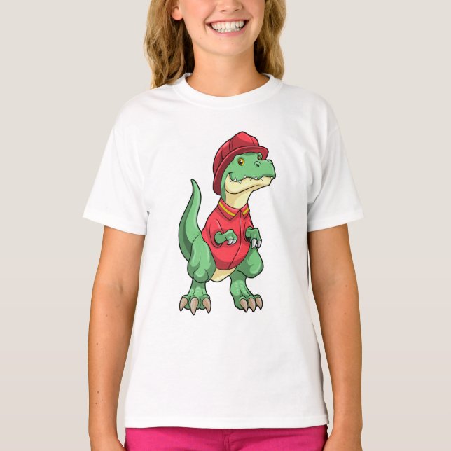 Camiseta Dinossauro como Bombeiro com capacete de Fogo (Frente)