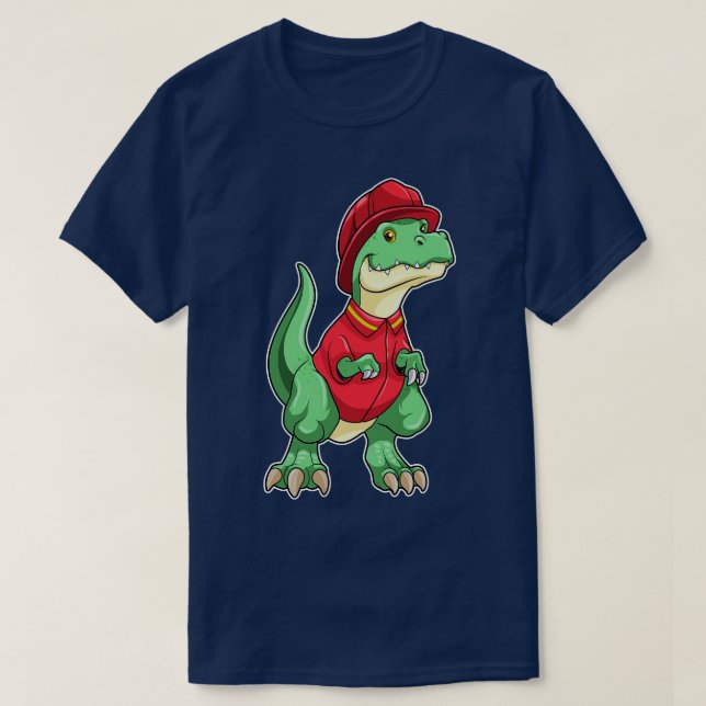Camiseta Dinossauro como Bombeiro com capacete de Fogo (Frente do Design)