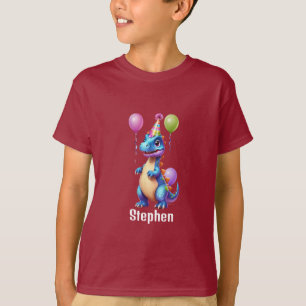 Camiseta Dinossauro de aniversário azul bonito