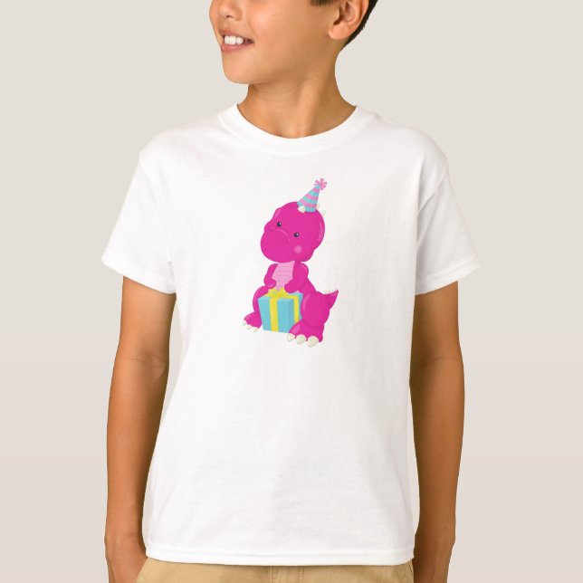 Camiseta Dinossauro de Aniversário, Dinossauro Rosa, Chapéu (Frente)
