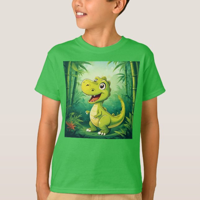 Camiseta Dinossauro de Cartoon Adorável na Selva Verde Lush (Frente)