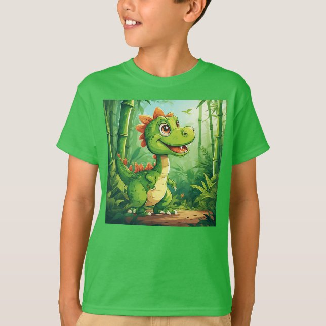 Camiseta Dinossauro de Cartoon Adorável na Selva Verde Lush (Frente)
