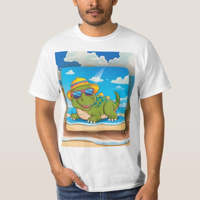 Camiseta Dinossauro de Cartoon Bonito Relaxando na Praia co (Frente)