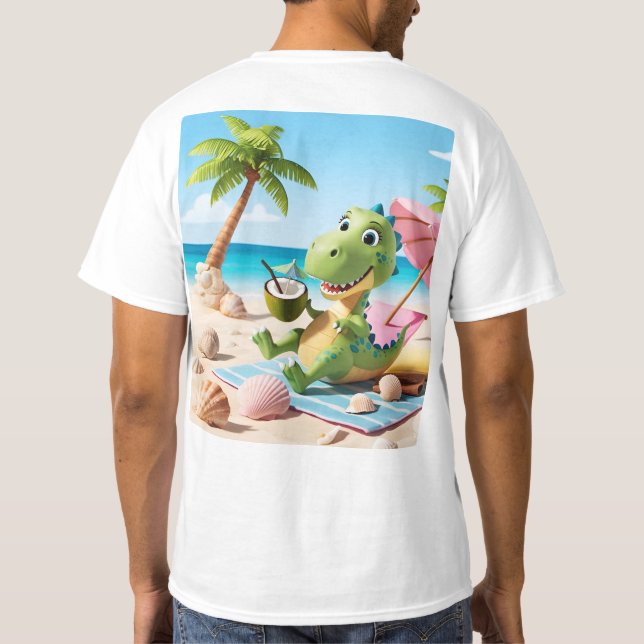 Camiseta Dinossauro de Cartoon Bonito Relaxando na PraiaT-S (Verso)