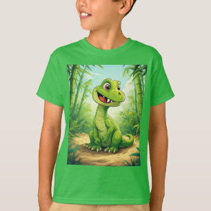 Camiseta Dinossauro de Desenho Adorável na Selva Verde Luxu