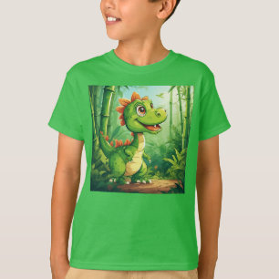 Camiseta Dinossauro de Desenho Adorável na Selva Verde Luxu
