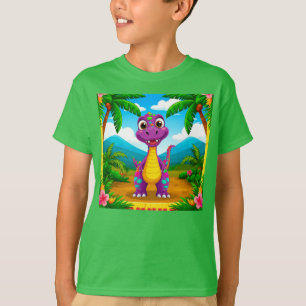 Camiseta Dinossauro de Desenho Animado em uma Cena Tropical
