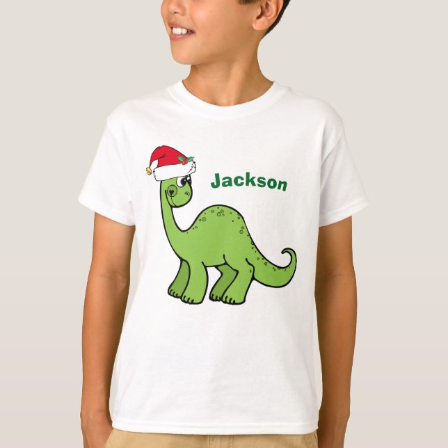 Camiseta Dinossauro de Natal bonito em Santa Hat Crianças P (Frente)