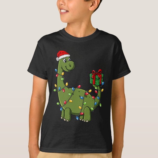 Camiseta Dinossauro De Natal Com Meninos Divertidos De Luz  (Frente)