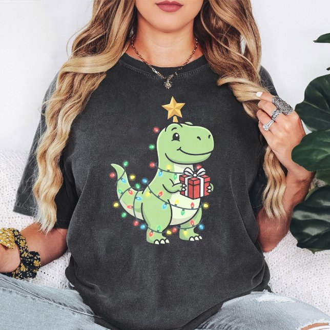 Camiseta Dinossauro de Natal Fofo T-Rex Com Luzes e Present (Criador carregado)