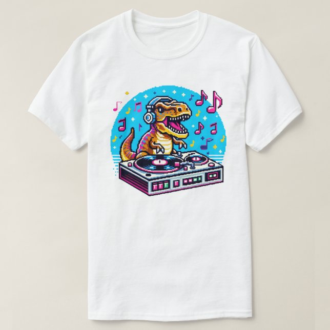Camiseta Dinossauro DJ - Engraçado Design de Música Pixel A (Frente do Design)