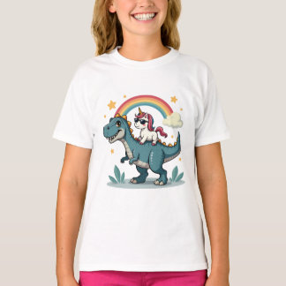 Camiseta Dinossauro e Design do Arco-Íris do Unicórnio