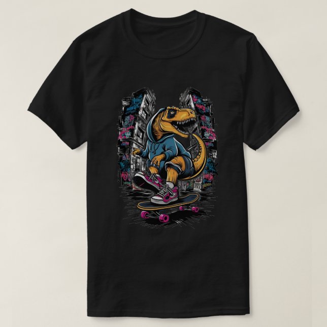 Camiseta Dinossauro em skate: Estilo de rua urbana (Frente do Design)