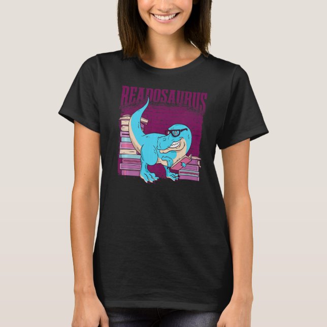 Camiseta Dinossauro Engraçado Lendo Livros Biblioteca Cader (Frente)