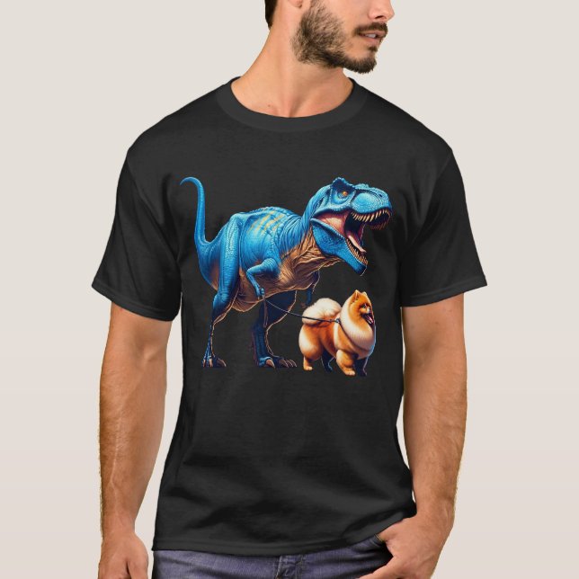 Camiseta Dinossauro Engraçado Pomeraniano Cão Andando (Frente)