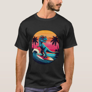 Camiseta Dinossauro Engraçado Surfando Pôr do Sol Retro Hom