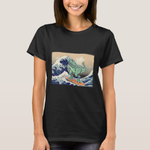 Camiseta Dinossauro Engraçado, T Rex Surfando, Arte de Dino