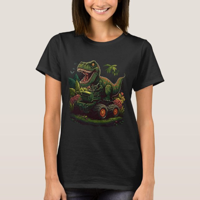 Camiseta Dinossauro Engraçado Tomando Monstro do Caminhão J (Frente)