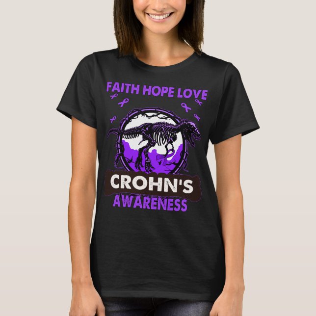 Camiseta Dinossauro Fé Esperança Ama A Consciência De CROHN (Frente)