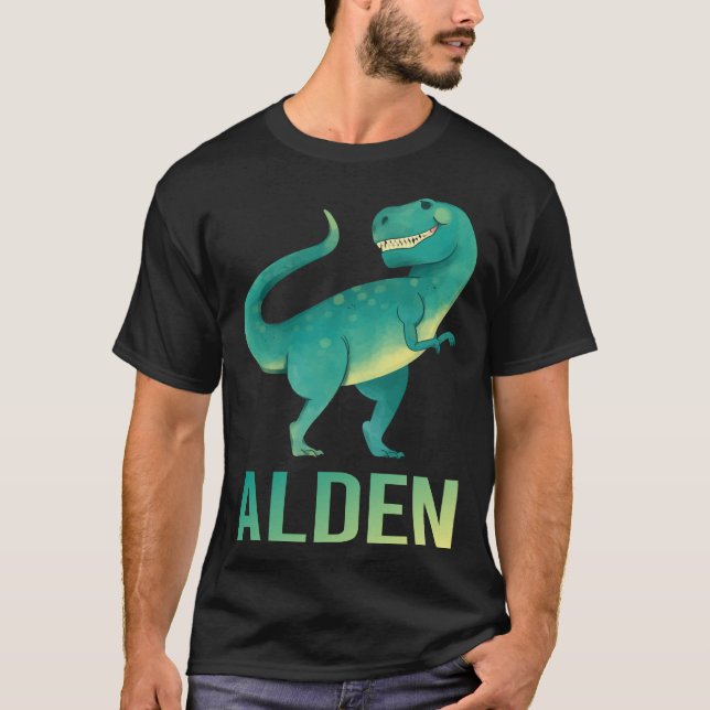 Camiseta Dinossauro Feliz - Nome Alden (Frente)