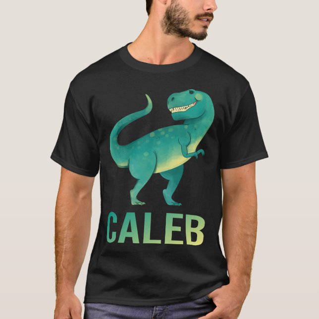 Camiseta Dinossauro Feliz - Nome Caleb (Frente)