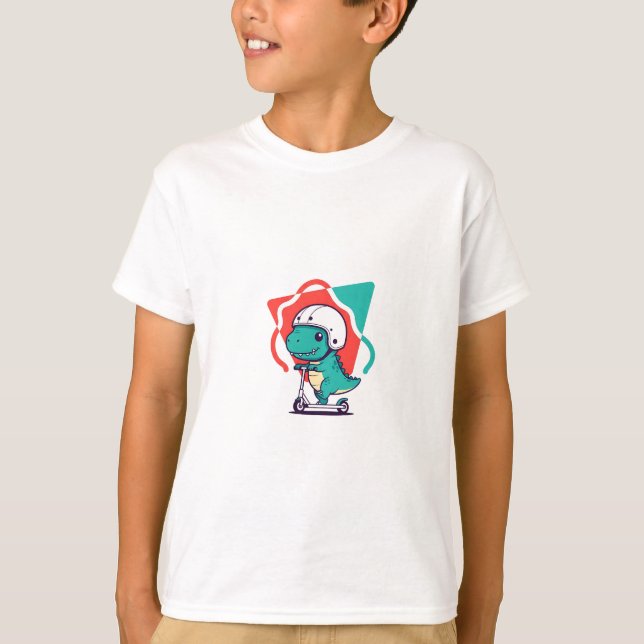 Camiseta Dinossauro Fofo Andando de Patinete para Crianças (Frente)