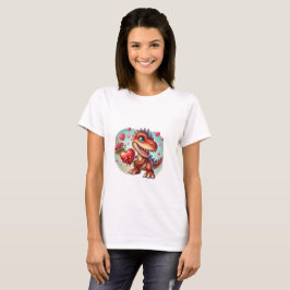 Camiseta dinossauro fofo segurando flores, cercado de coraç